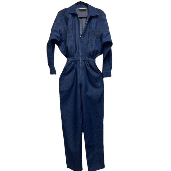 Saint Germain Jean Jumpsuit With Intricate Yoke Smocking, Zip Size M - Picture 2 of 9